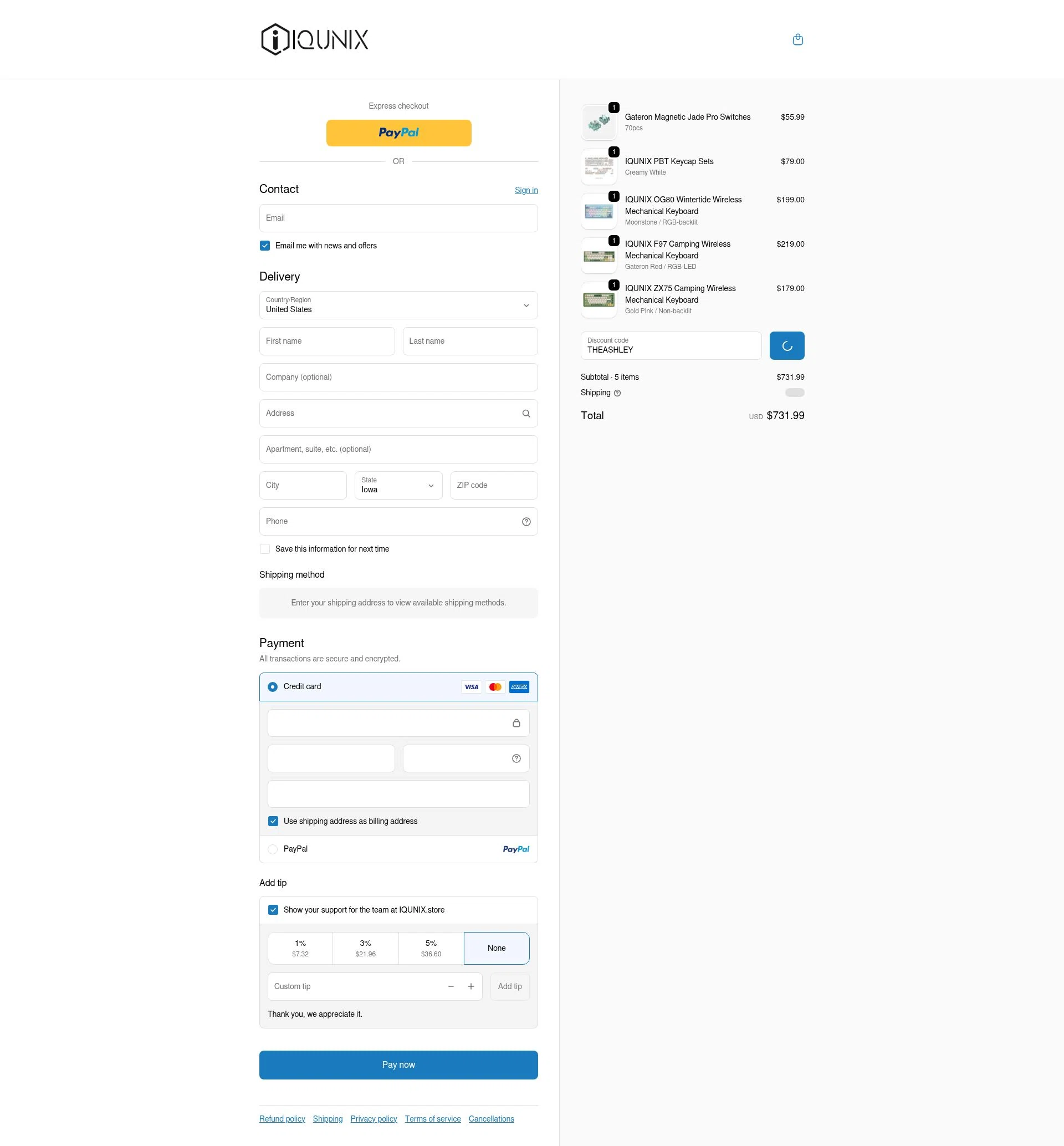 IQUNIX checkout page showing IQUNIX discount code box | Screenshot taken by SimplyCodes community member on Feb 13, 2026
