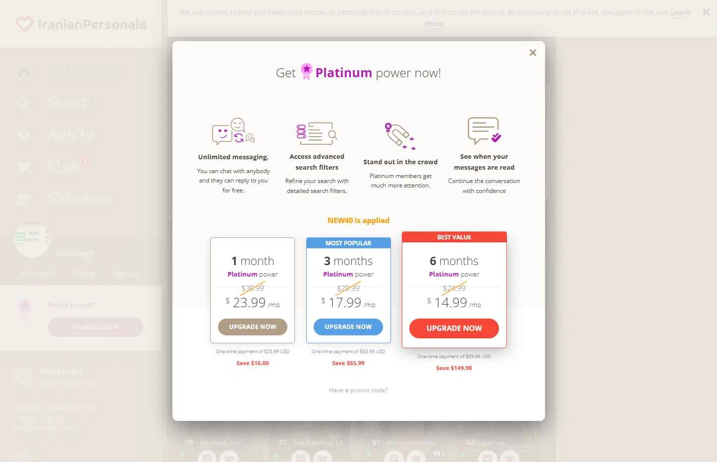 Iranian Personals checkout page showing Iranian Personals promo code box | Screenshot taken by SimplyCodes community member on Aug 14, 2025