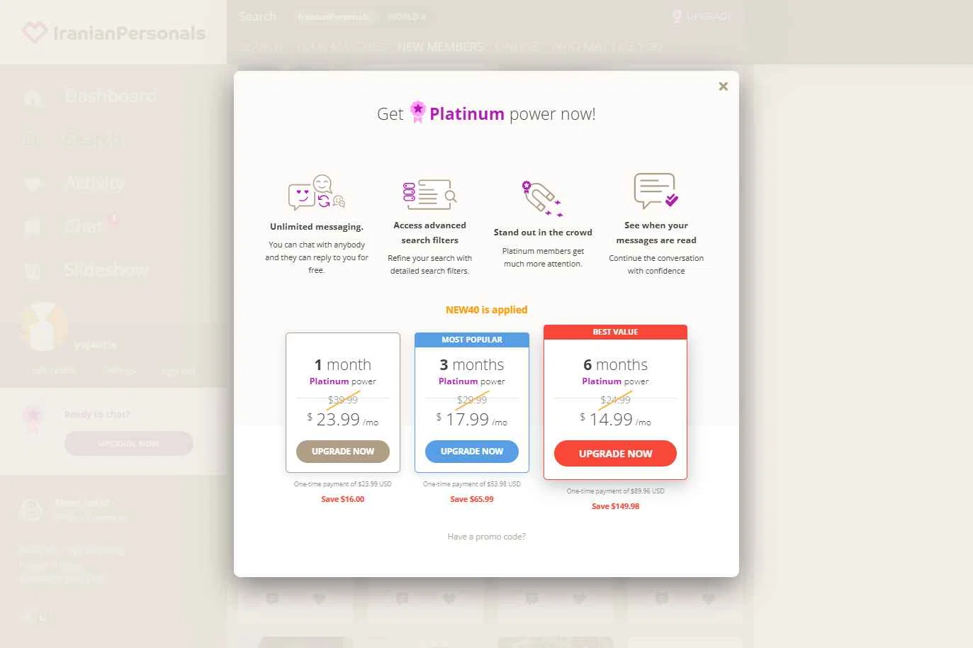 Iranian Personals checkout page showing Iranian Personals promo code box | Screenshot taken by SimplyCodes community member on Dec 7, 2025