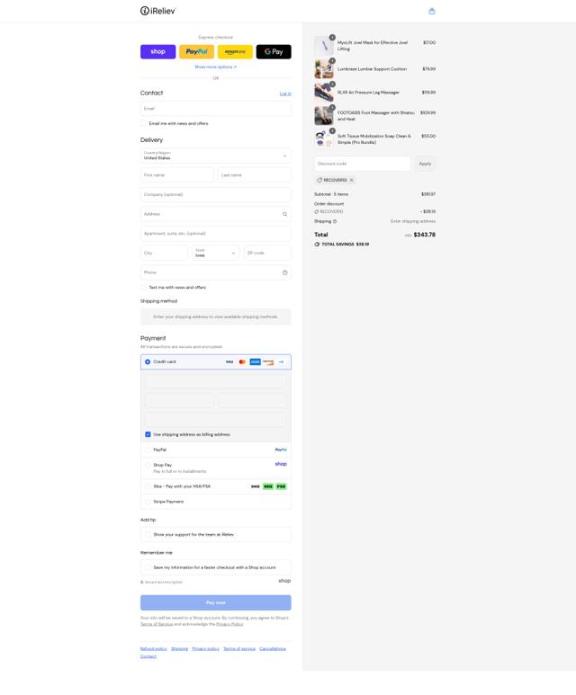 iReliev checkout page showing iReliev coupon code box | Screenshot taken by SimplyCodes community member on Sep 9, 2025