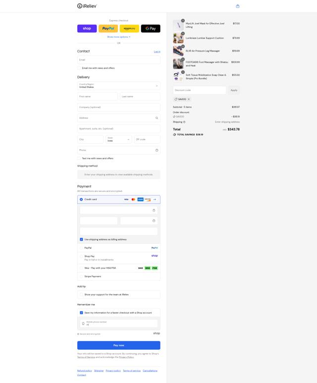iReliev checkout page showing iReliev coupon code box | Screenshot taken by SimplyCodes community member on Sep 9, 2025