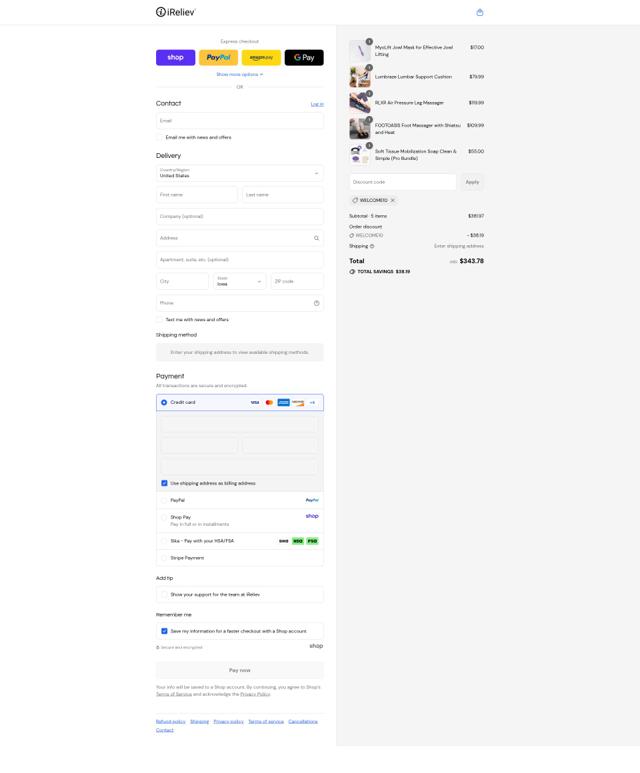iReliev checkout page showing iReliev coupon code box | Screenshot taken by SimplyCodes community member on Sep 9, 2025
