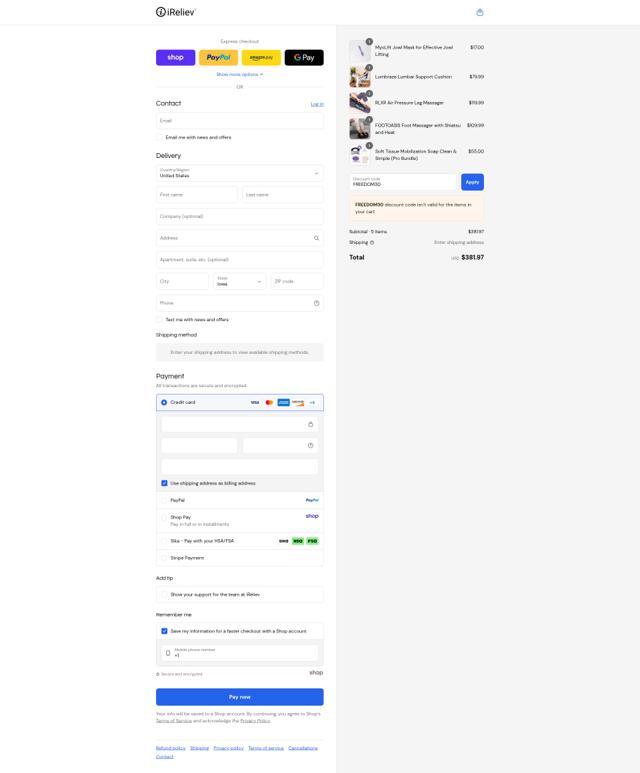 iReliev checkout page showing iReliev coupon code box | Screenshot taken by SimplyCodes community member on Sep 9, 2025