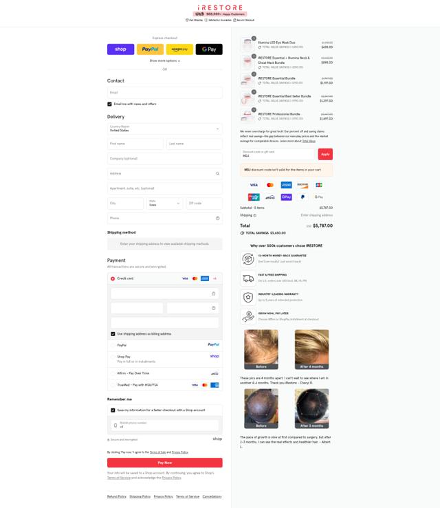 iRestore Laser checkout page showing iRestore Laser promo code box | Screenshot taken by SimplyCodes community member on Sep 12, 2025