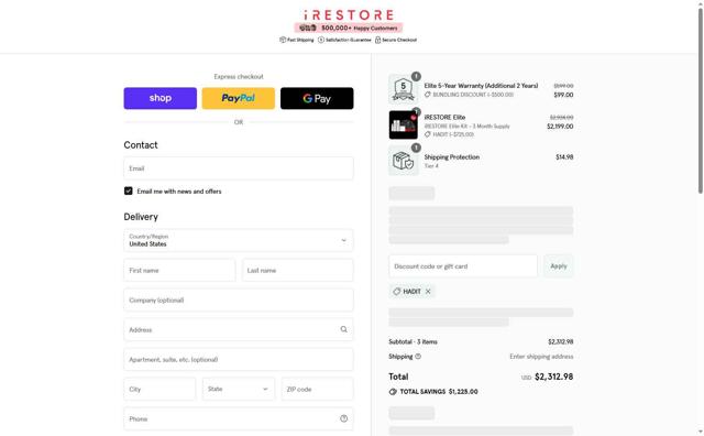 iRestore Laser checkout page showing iRestore Laser promo code box | Screenshot taken by SimplyCodes community member on Sep 12, 2025