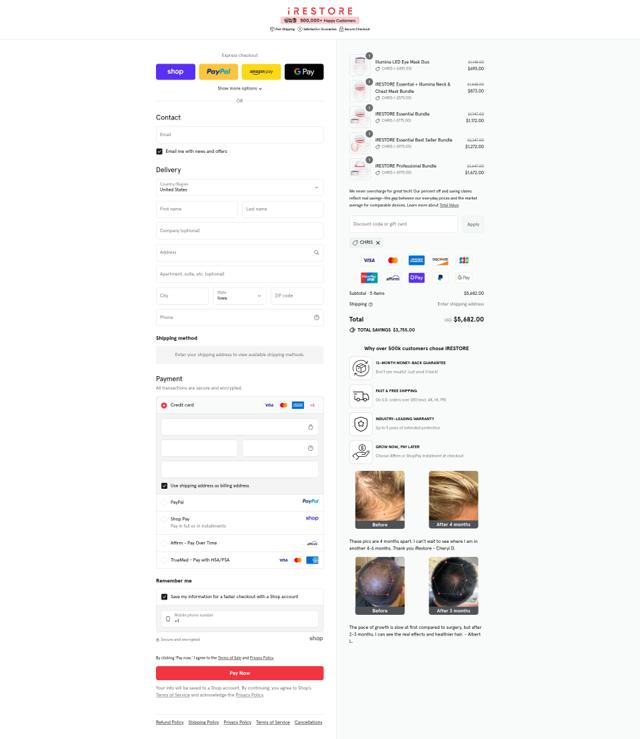 iRestore Laser checkout page showing iRestore Laser promo code box | Screenshot taken by SimplyCodes community member on Sep 12, 2025