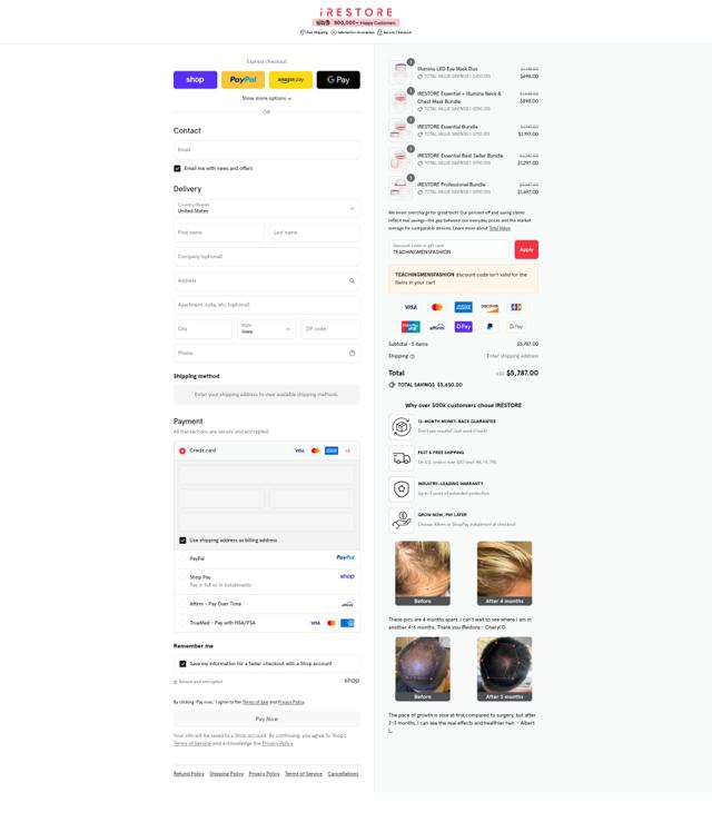 iRestore Laser checkout page showing iRestore Laser promo code box | Screenshot taken by SimplyCodes community member on Sep 12, 2025