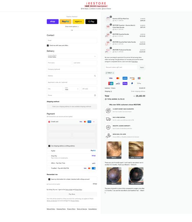 iRestore Laser checkout page showing iRestore Laser promo code box | Screenshot taken by SimplyCodes community member on Sep 12, 2025