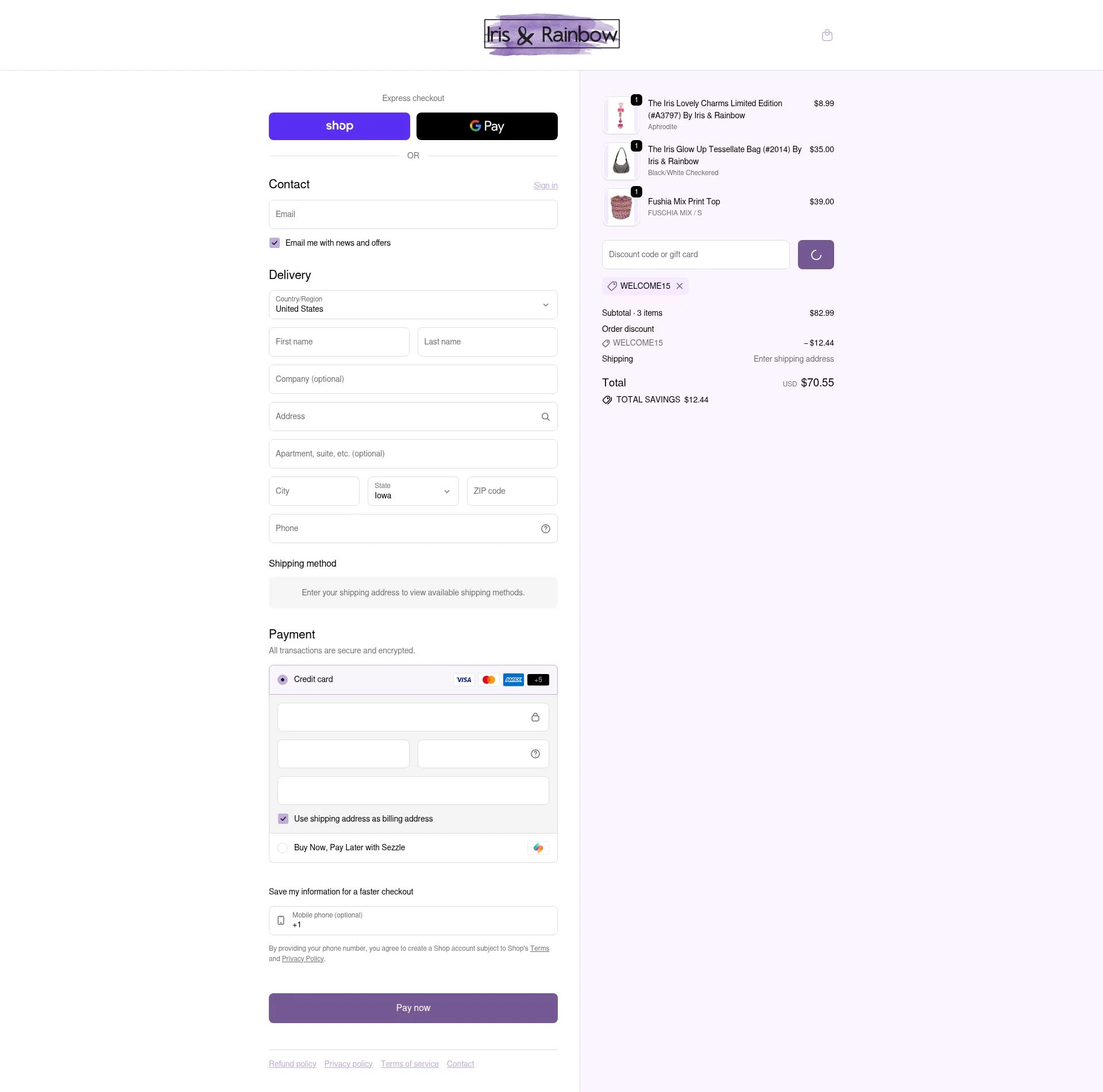 Iris & Rainbow checkout page showing Iris & Rainbow promo code box | Screenshot taken by SimplyCodes community member on Feb 8, 2026