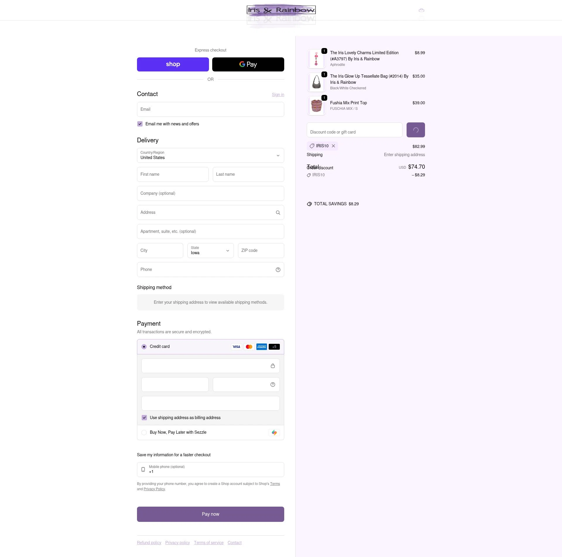 Iris & Rainbow checkout page showing Iris & Rainbow promo code box | Screenshot taken by SimplyCodes community member on Feb 4, 2026