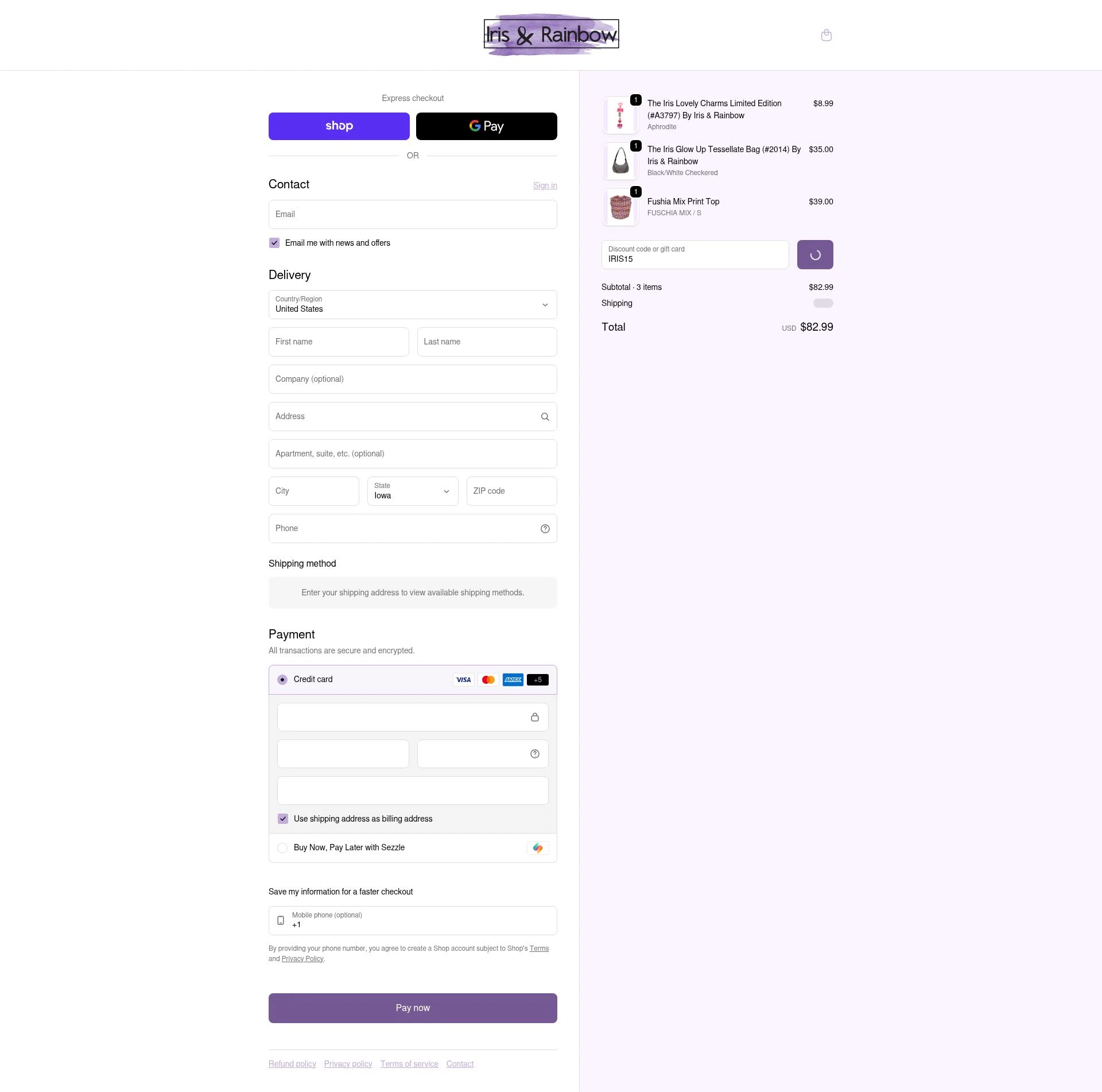 Iris & Rainbow checkout page showing Iris & Rainbow promo code box | Screenshot taken by SimplyCodes community member on Feb 4, 2026