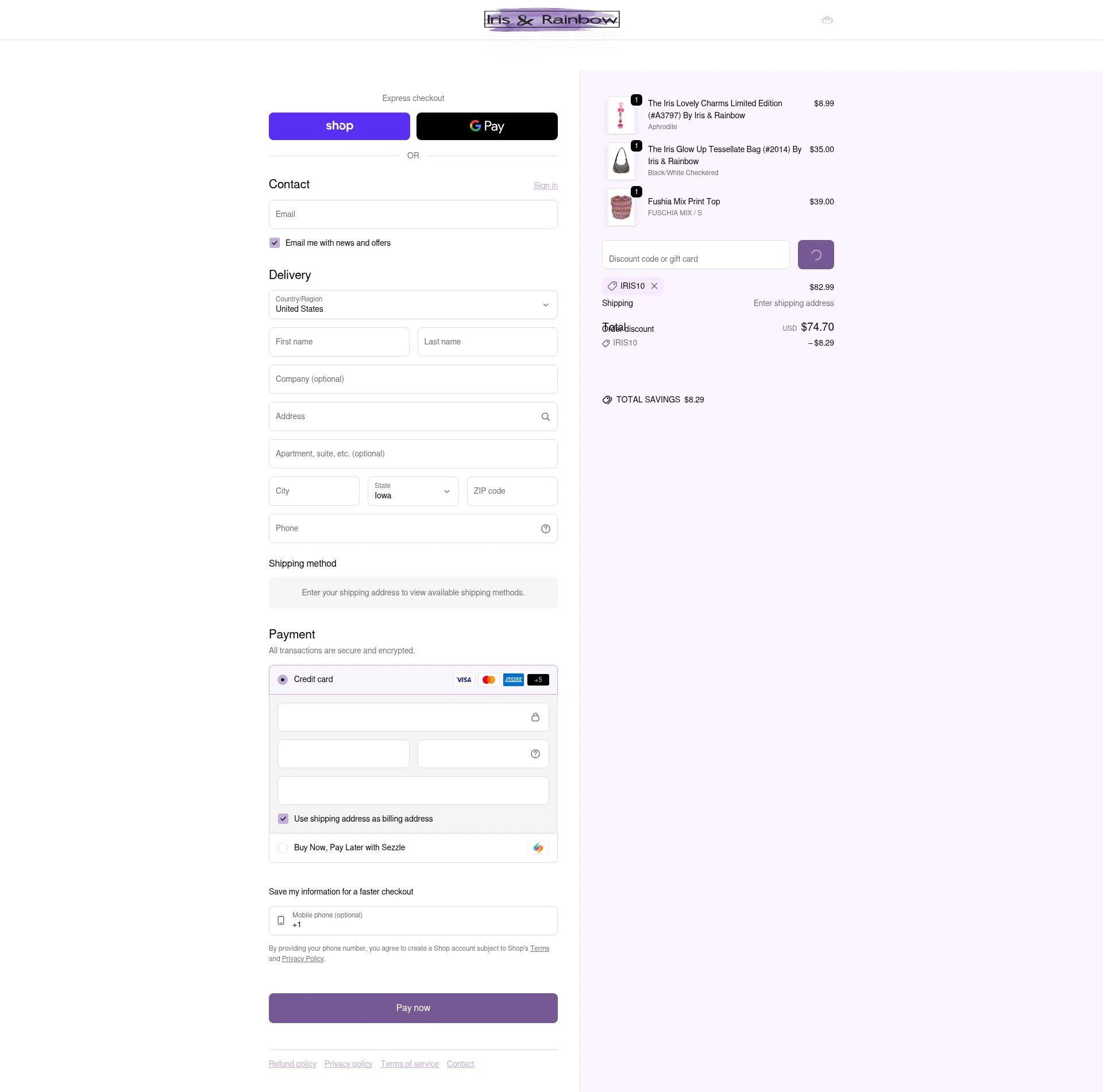 Iris & Rainbow checkout page showing Iris & Rainbow promo code box | Screenshot taken by SimplyCodes community member on Feb 8, 2026