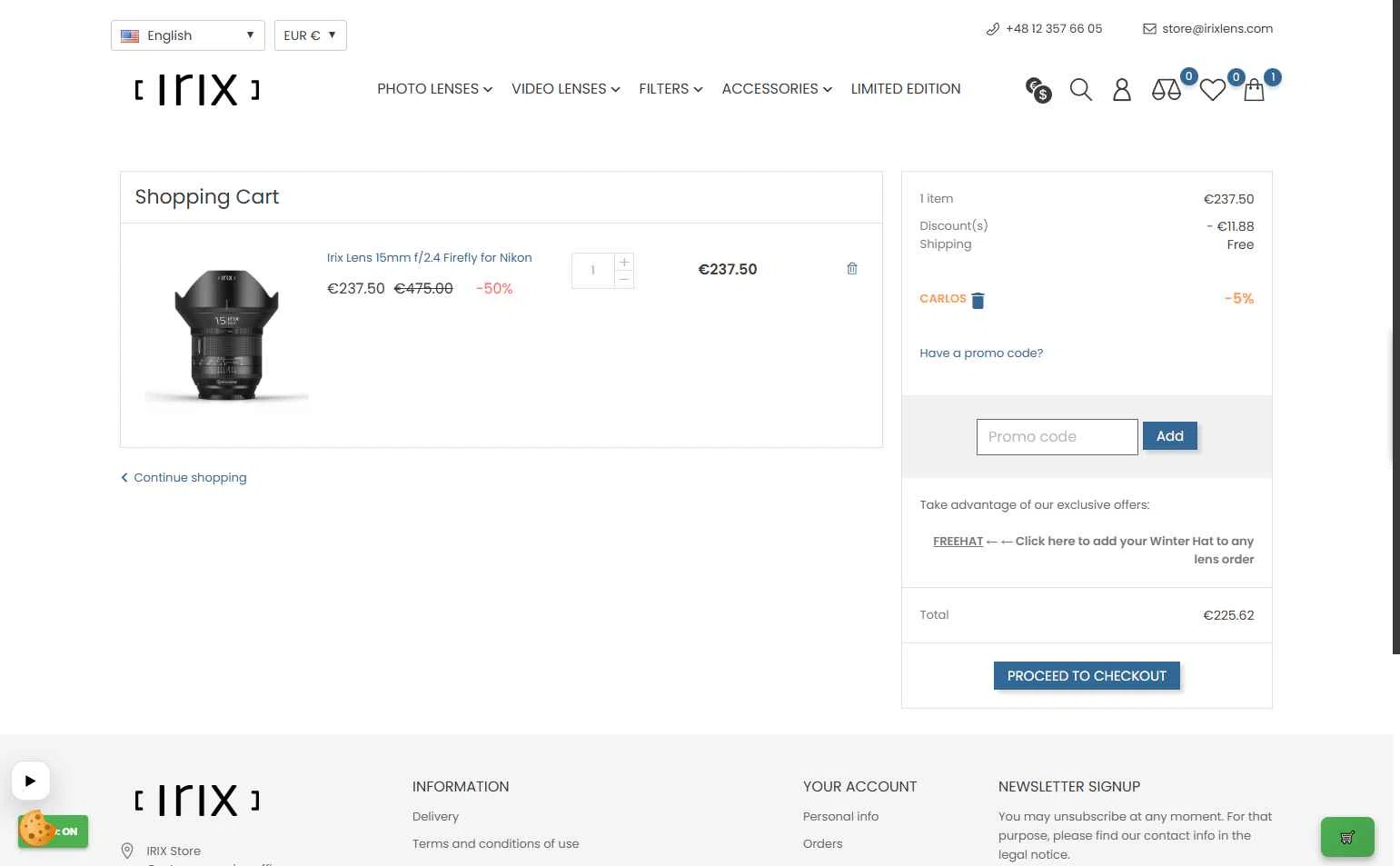 Irix Lens checkout page showing Irix Lens promo code box | Screenshot taken by SimplyCodes community member on Jan 9, 2026