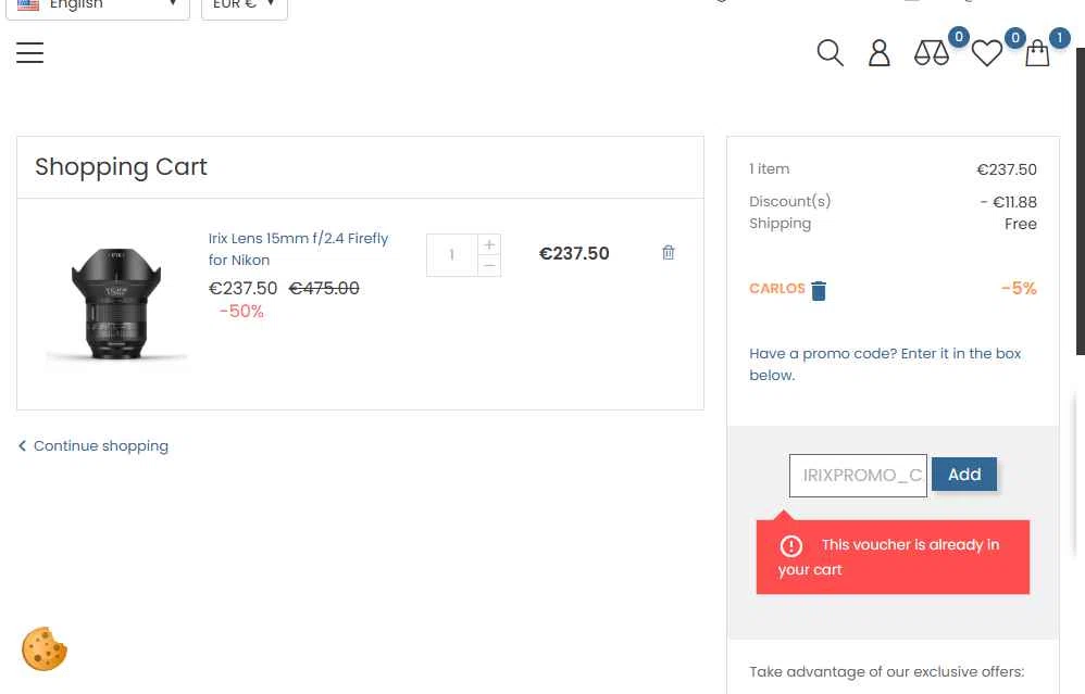 Irix Lens checkout page showing Irix Lens promo code box | Screenshot taken by SimplyCodes community member on Feb 7, 2026