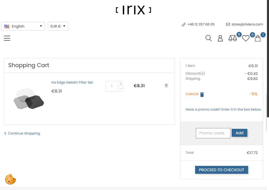 Irix Lens checkout page showing Irix Lens promo code box | Screenshot taken by SimplyCodes community member on Feb 7, 2026