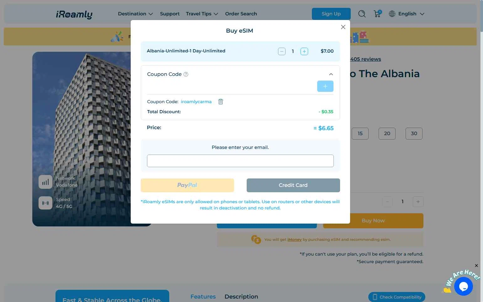 iRoamly checkout page showing iRoamly coupon code box | Screenshot taken by SimplyCodes community member on Nov 24, 2025