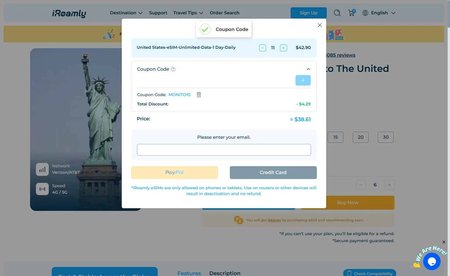 iRoamly checkout page showing iRoamly coupon code box | Screenshot taken by SimplyCodes community member on Nov 24, 2025