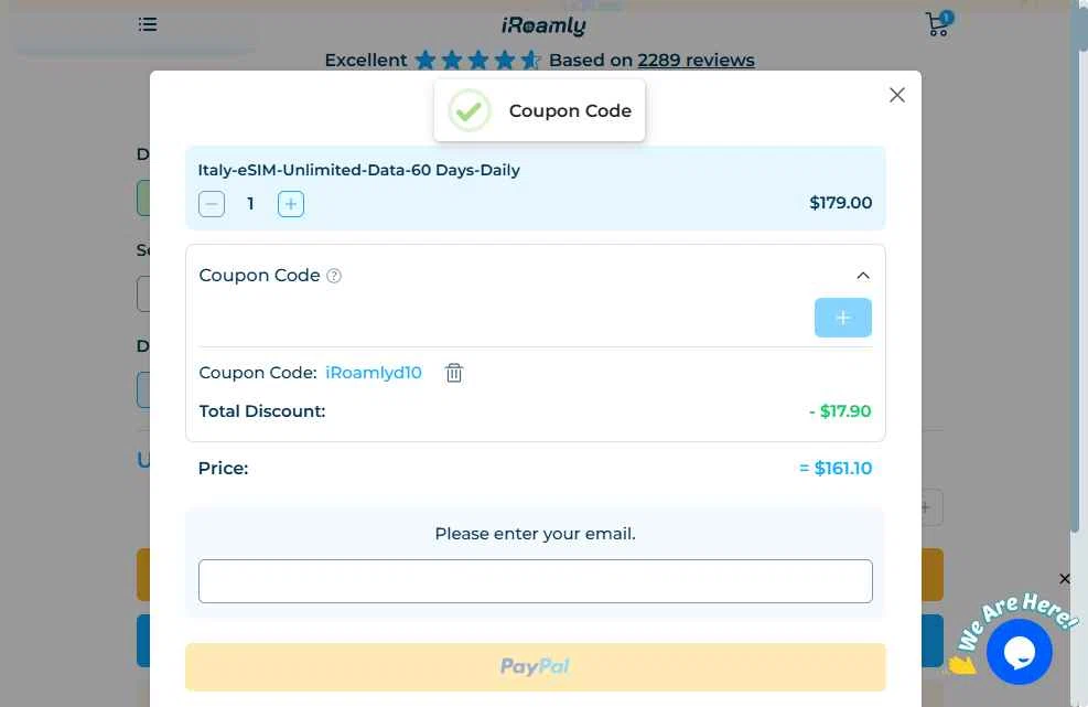iRoamly checkout page showing iRoamly coupon code box | Screenshot taken by SimplyCodes community member on Nov 24, 2025