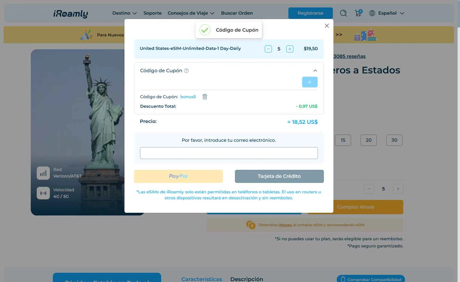 iRoamly checkout page showing iRoamly coupon code box | Screenshot taken by SimplyCodes community member on Nov 24, 2025