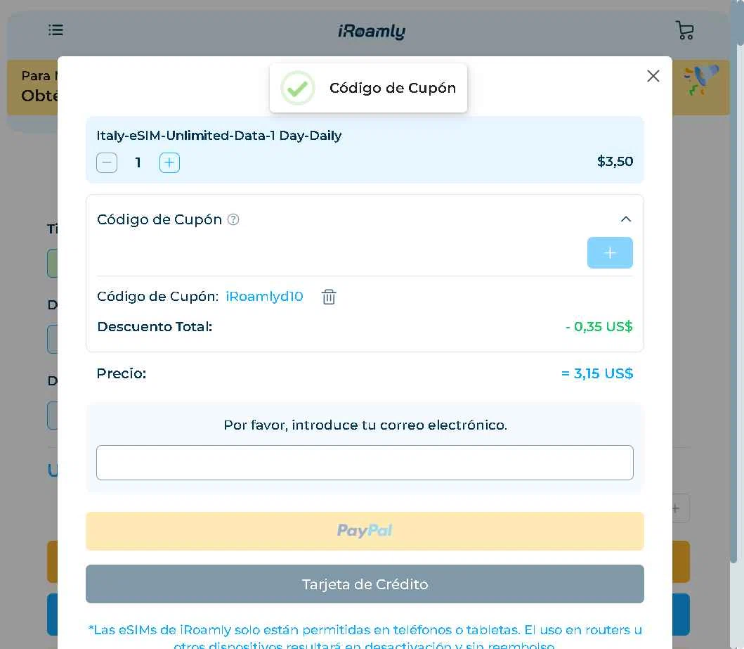 iRoamly checkout page showing iRoamly coupon code box | Screenshot taken by SimplyCodes community member on Oct 21, 2025