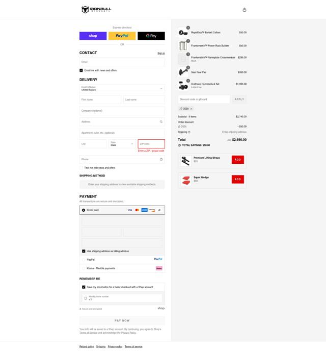 Iron Bull Strength checkout page showing Iron Bull Strength discount code box | Screenshot taken by SimplyCodes community member on Sep 8, 2025