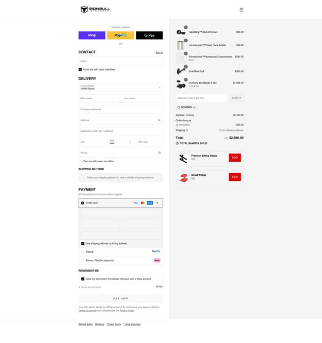 Iron Bull Strength checkout page showing Iron Bull Strength discount code box | Screenshot taken by SimplyCodes community member on Sep 12, 2025