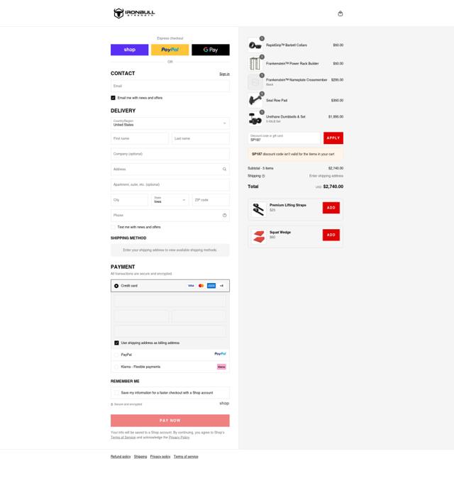 Iron Bull Strength checkout page showing Iron Bull Strength discount code box | Screenshot taken by SimplyCodes community member on Sep 12, 2025