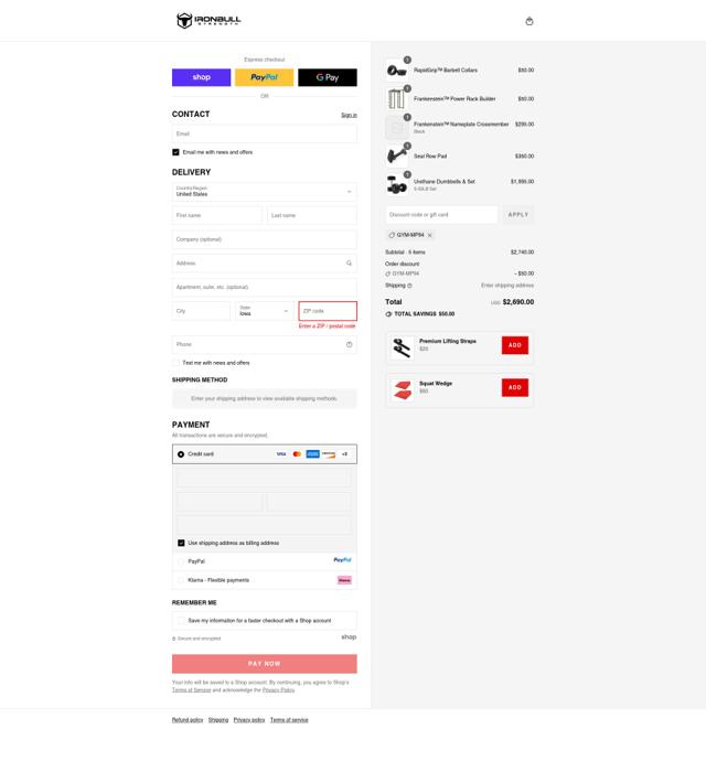 Iron Bull Strength checkout page showing Iron Bull Strength discount code box | Screenshot taken by SimplyCodes community member on Sep 8, 2025