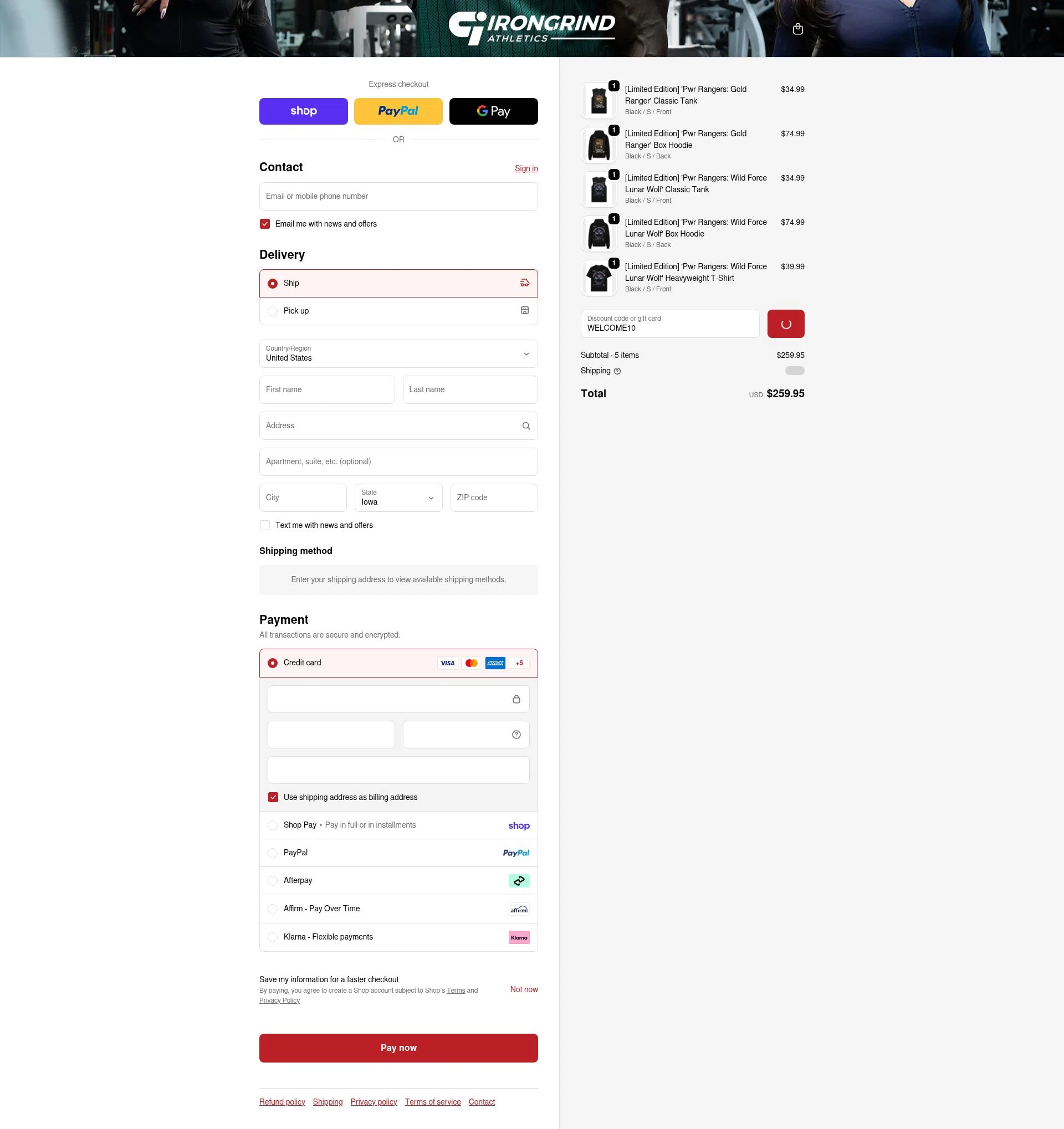 IronGrind Athletics checkout page showing IronGrind Athletics promo code box | Screenshot taken by SimplyCodes community member on Feb 19, 2026