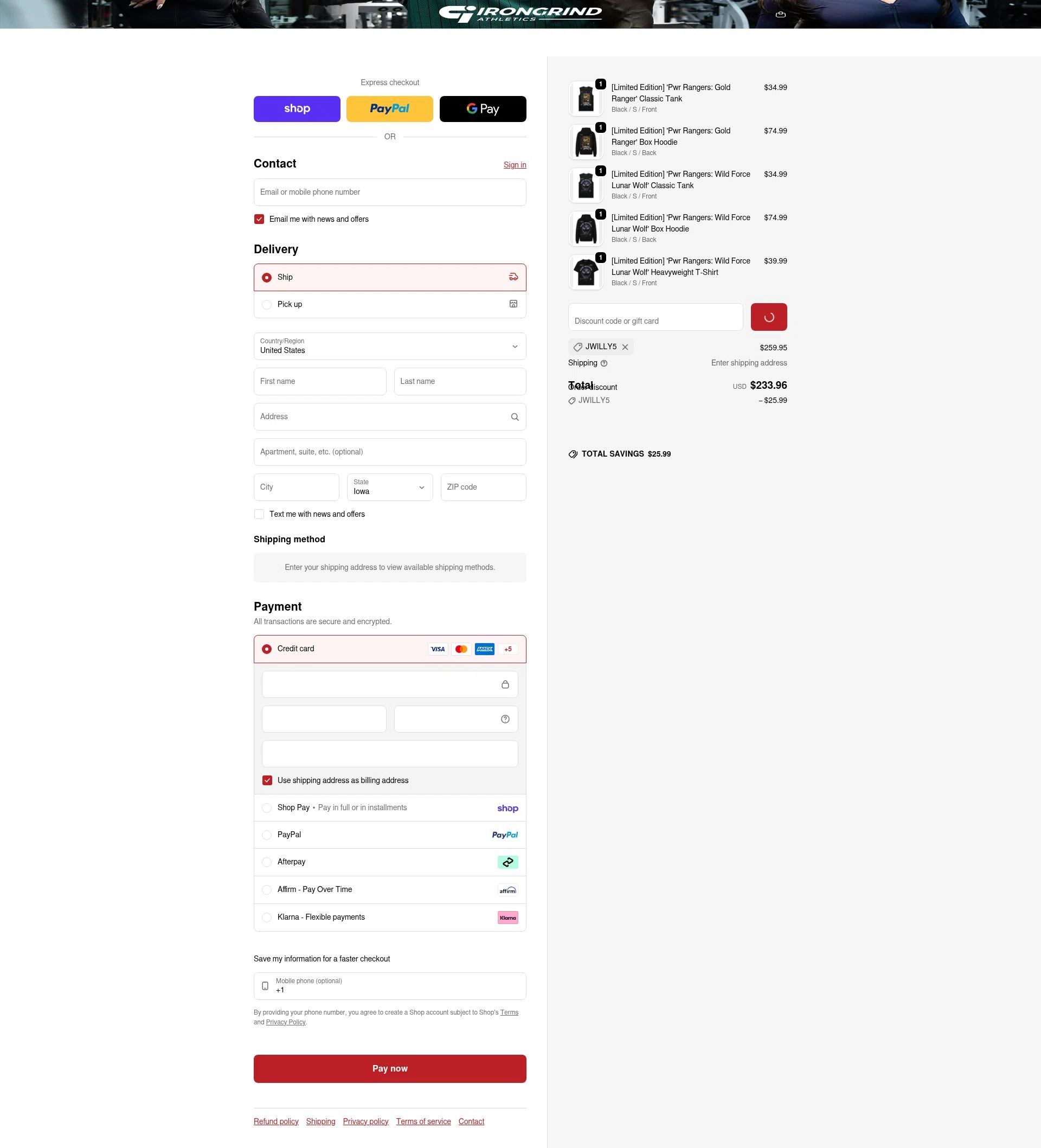 IronGrind Athletics checkout page showing IronGrind Athletics promo code box | Screenshot taken by SimplyCodes community member on Feb 19, 2026