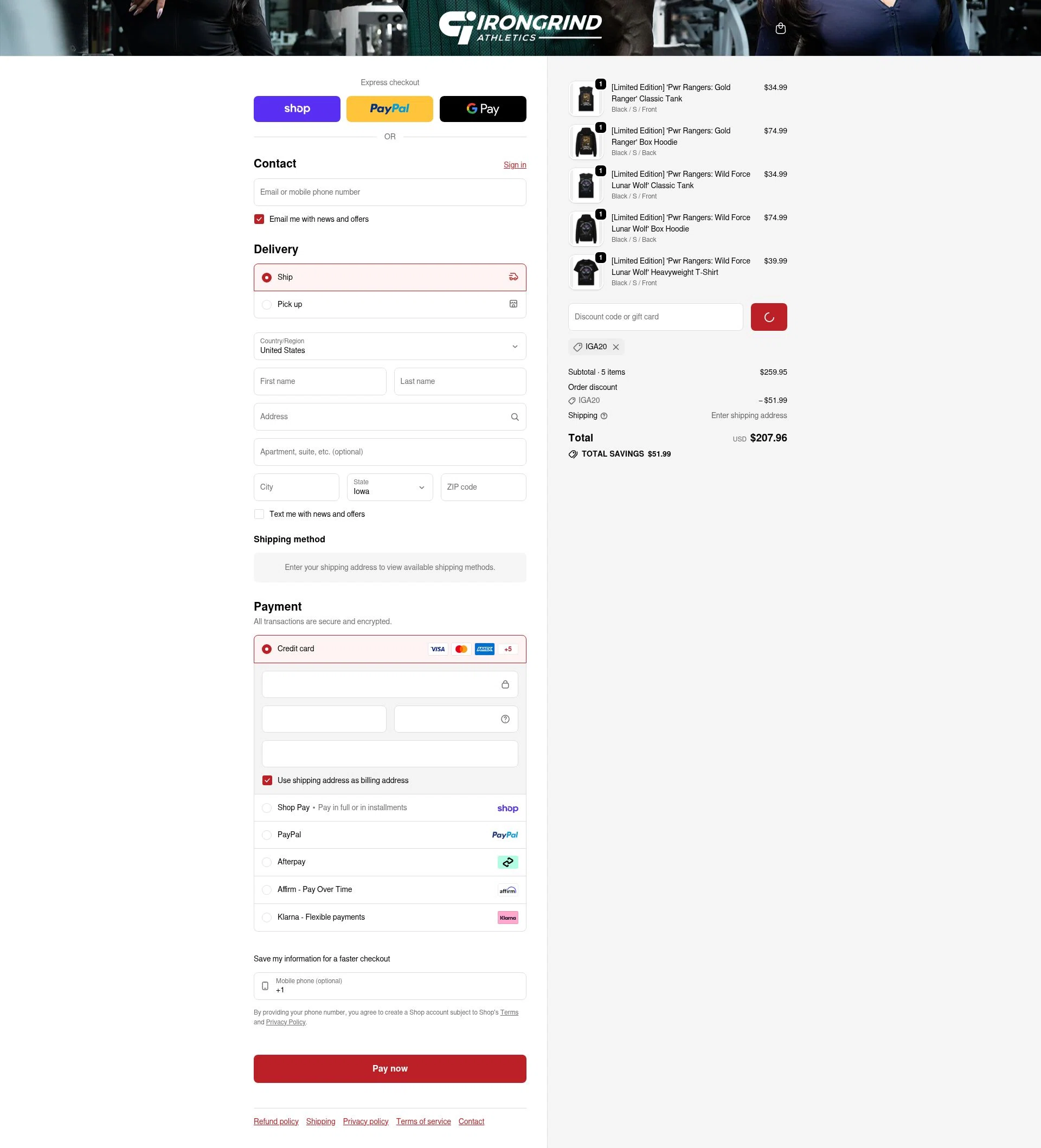 IronGrind Athletics checkout page showing IronGrind Athletics promo code box | Screenshot taken by SimplyCodes community member on Feb 19, 2026