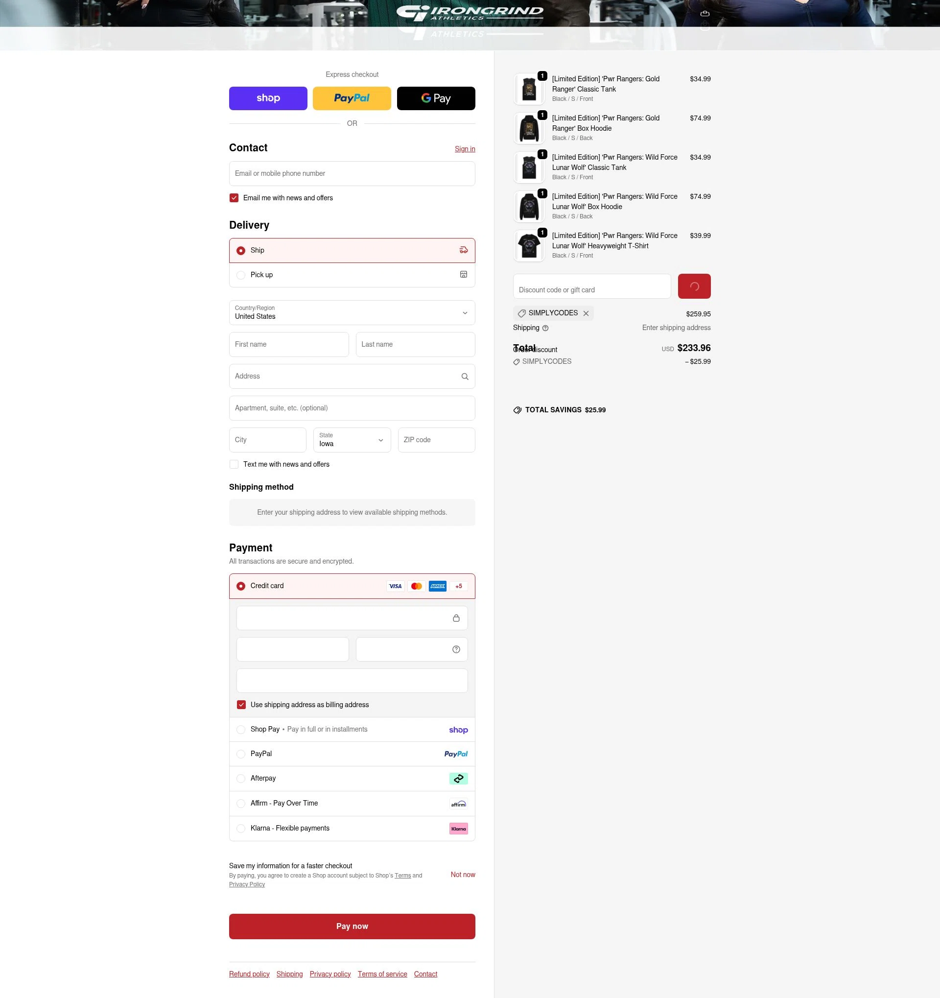 IronGrind Athletics checkout page showing IronGrind Athletics promo code box | Screenshot taken by SimplyCodes community member on Feb 19, 2026