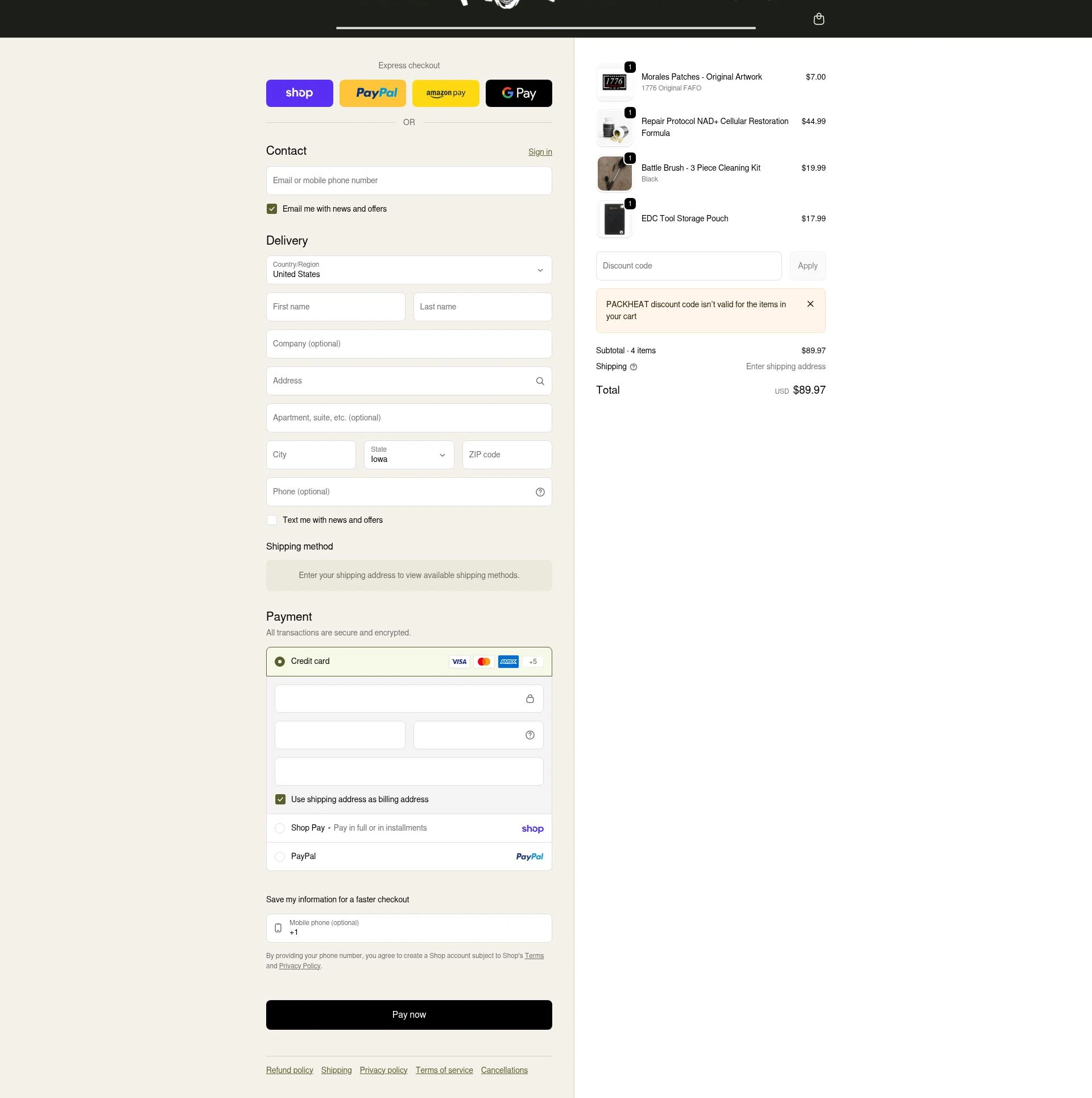 Iron Infidel checkout page showing Iron Infidel discount code box | Screenshot taken by SimplyCodes community member on Feb 11, 2026