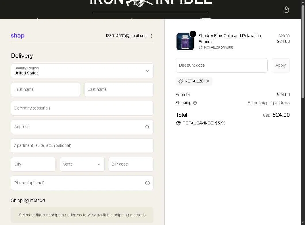 Iron Infidel checkout page showing Iron Infidel discount code box | Screenshot taken by SimplyCodes community member on Feb 7, 2026
