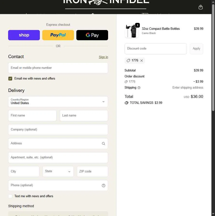 Iron Infidel checkout page showing Iron Infidel discount code box | Screenshot taken by SimplyCodes community member on Feb 7, 2026