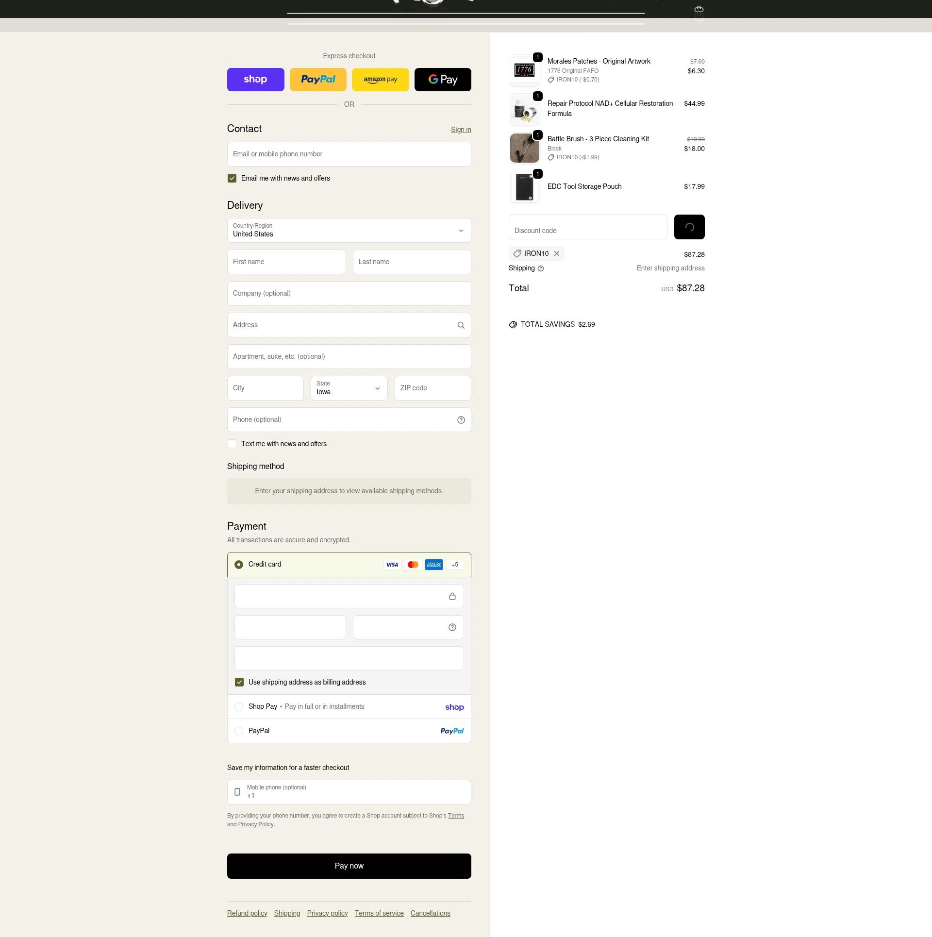 Iron Infidel checkout page showing Iron Infidel discount code box | Screenshot taken by SimplyCodes community member on Feb 11, 2026