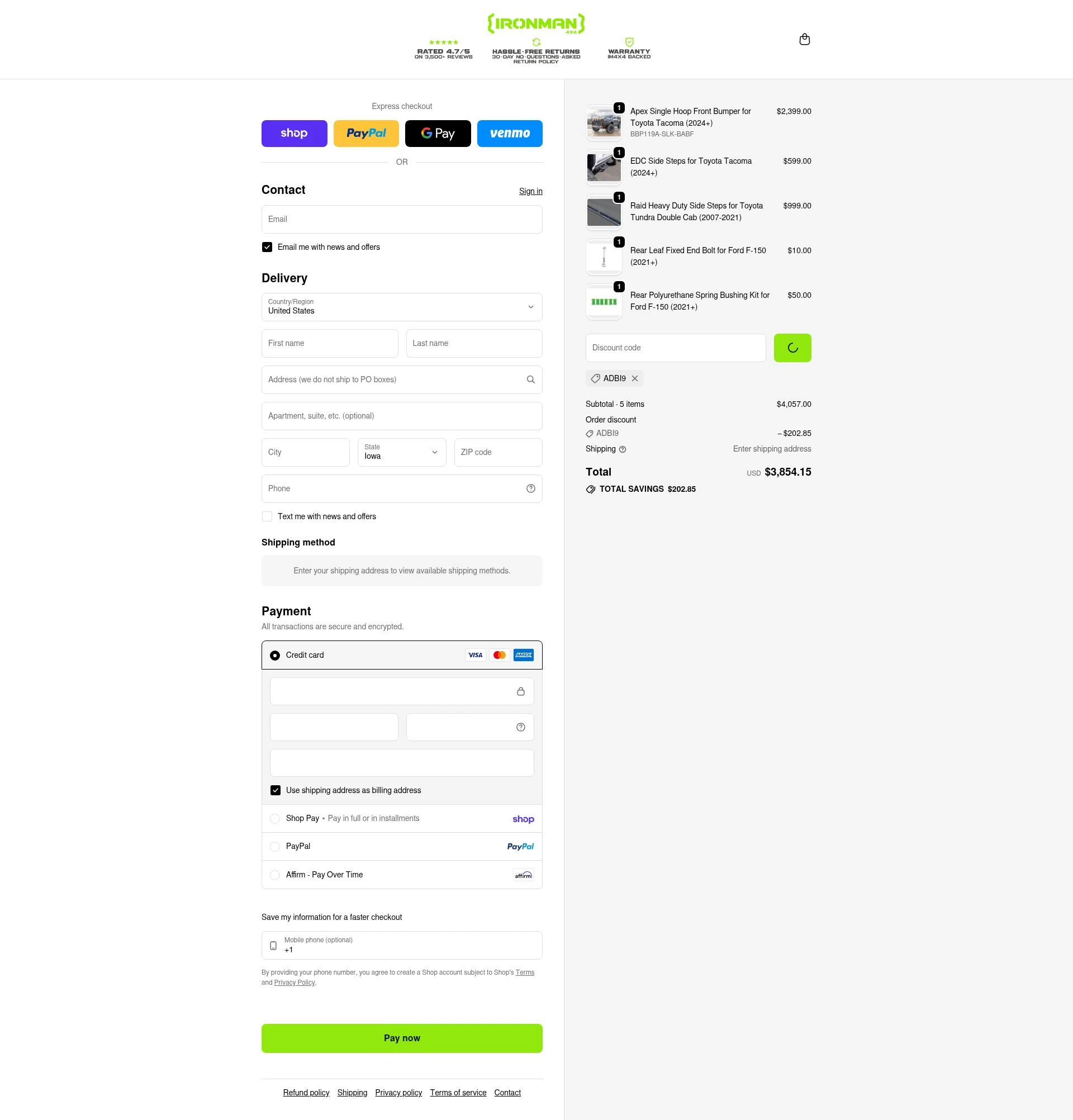Ironman 4x4 America checkout page showing Ironman 4x4 America coupon code box | Screenshot taken by SimplyCodes community member on Feb 23, 2026