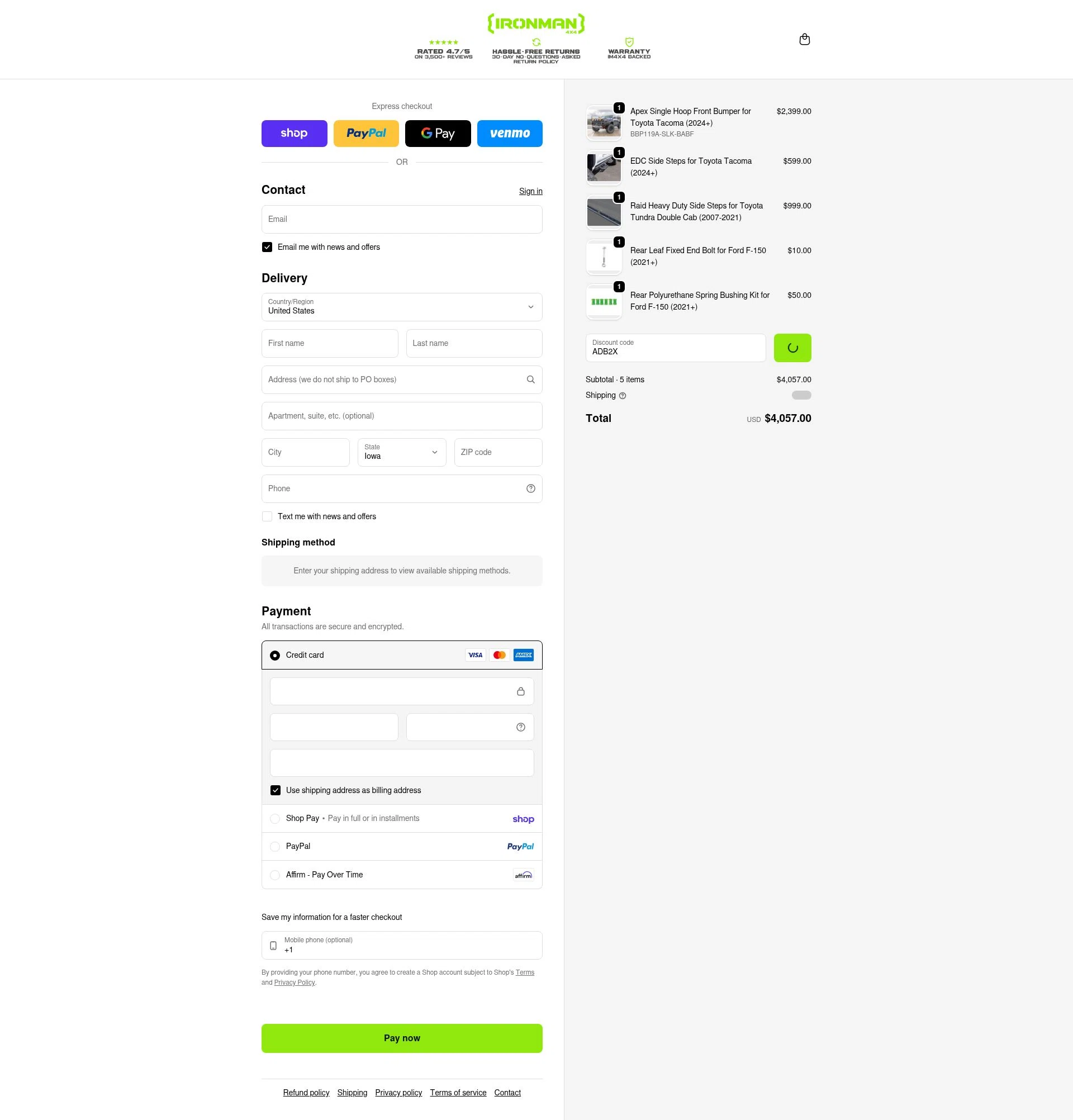 Ironman 4x4 America checkout page showing Ironman 4x4 America coupon code box | Screenshot taken by SimplyCodes community member on Feb 23, 2026