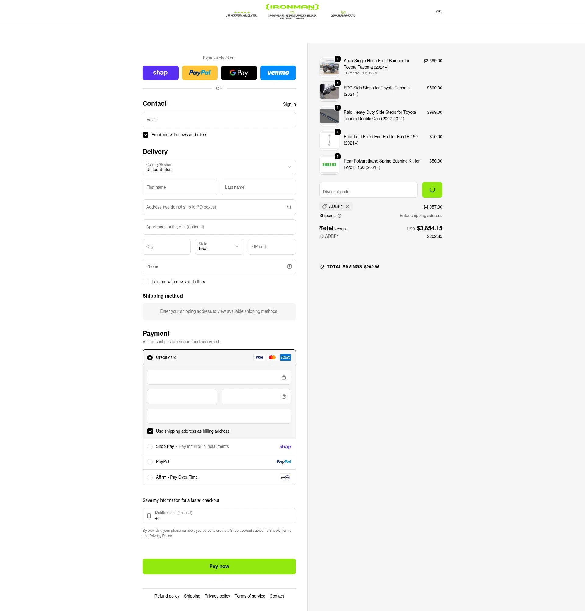 Ironman 4x4 America checkout page showing Ironman 4x4 America coupon code box | Screenshot taken by SimplyCodes community member on Feb 23, 2026