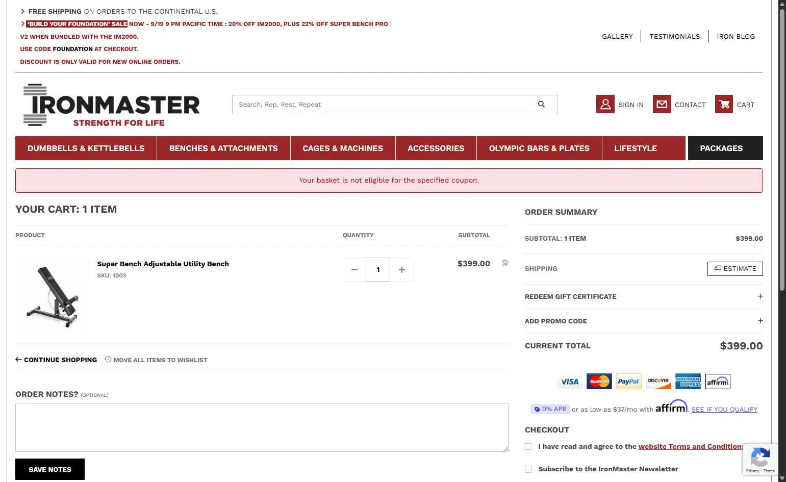 Ironmaster checkout page showing Ironmaster promo code box | Screenshot taken by SimplyCodes community member on Sep 16, 2025