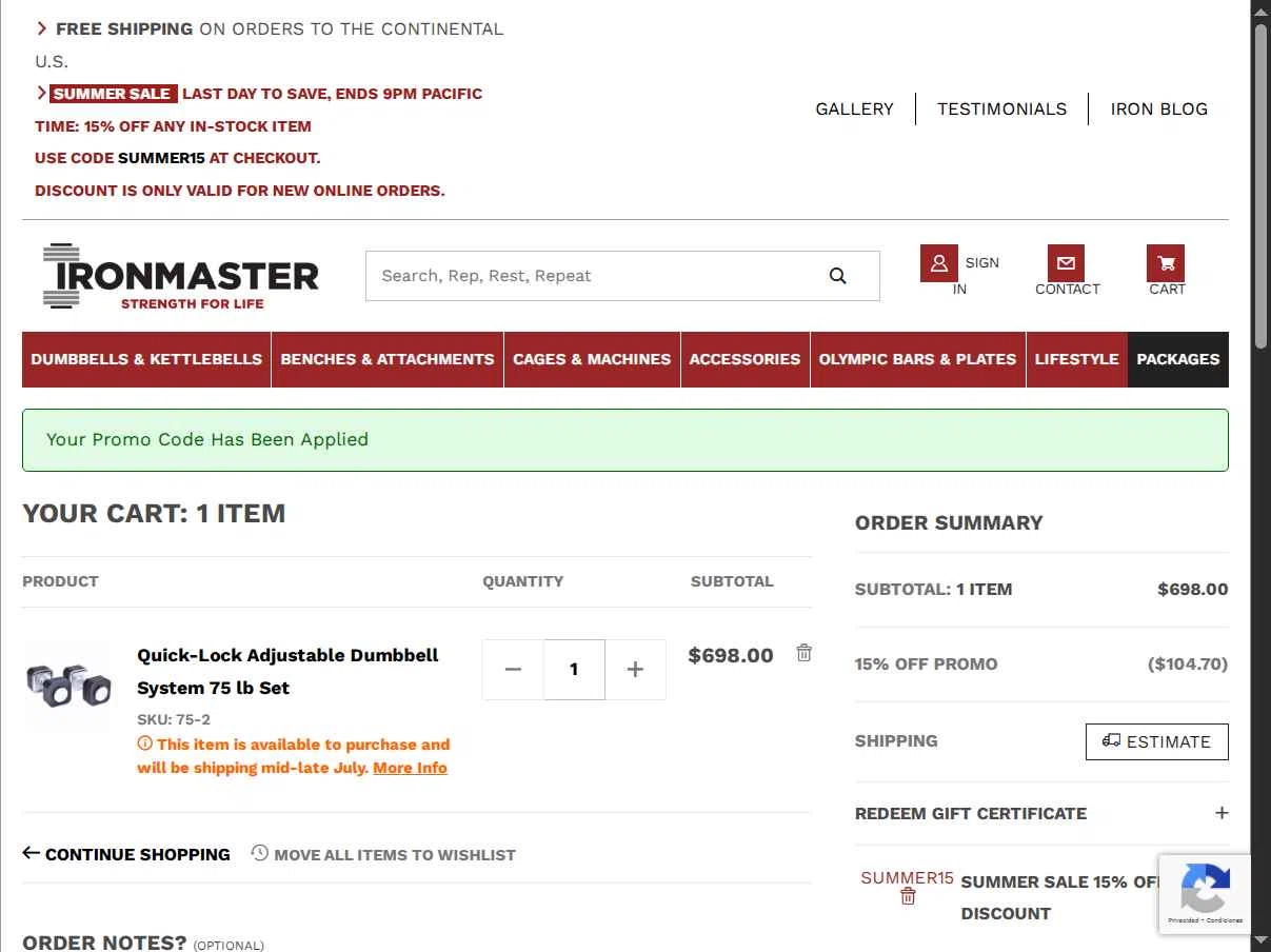 Ironmaster checkout page showing Ironmaster promo code box | Screenshot taken by SimplyCodes community member on Jul 11, 2025