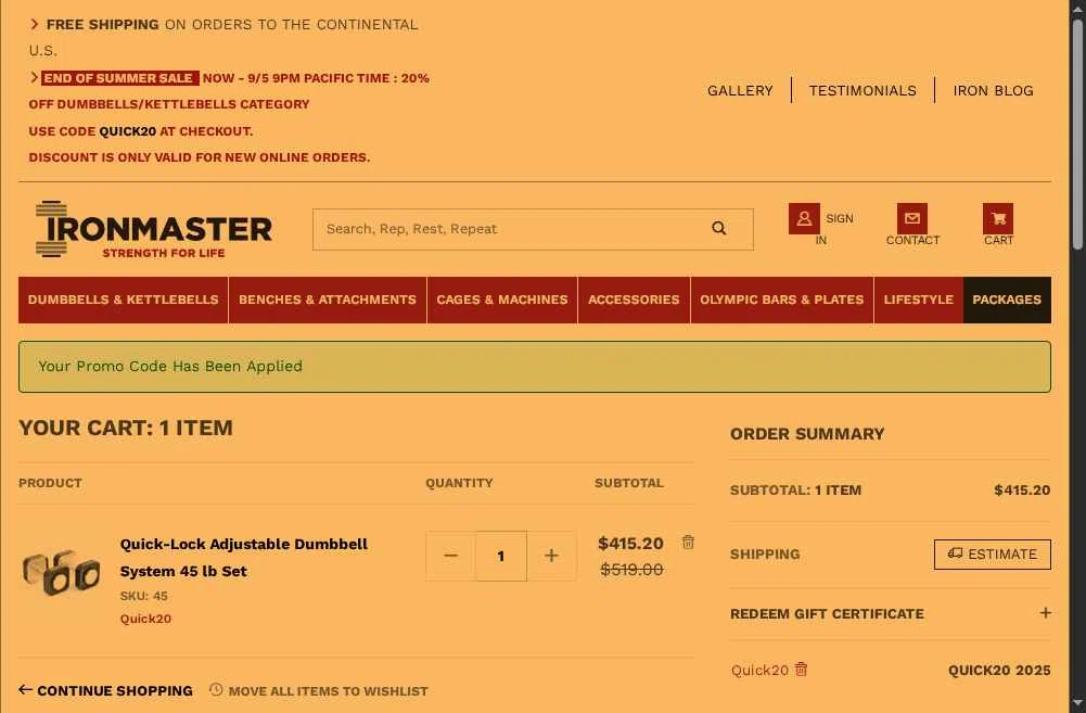Ironmaster checkout page showing Ironmaster promo code box | Screenshot taken by SimplyCodes community member on Aug 29, 2025