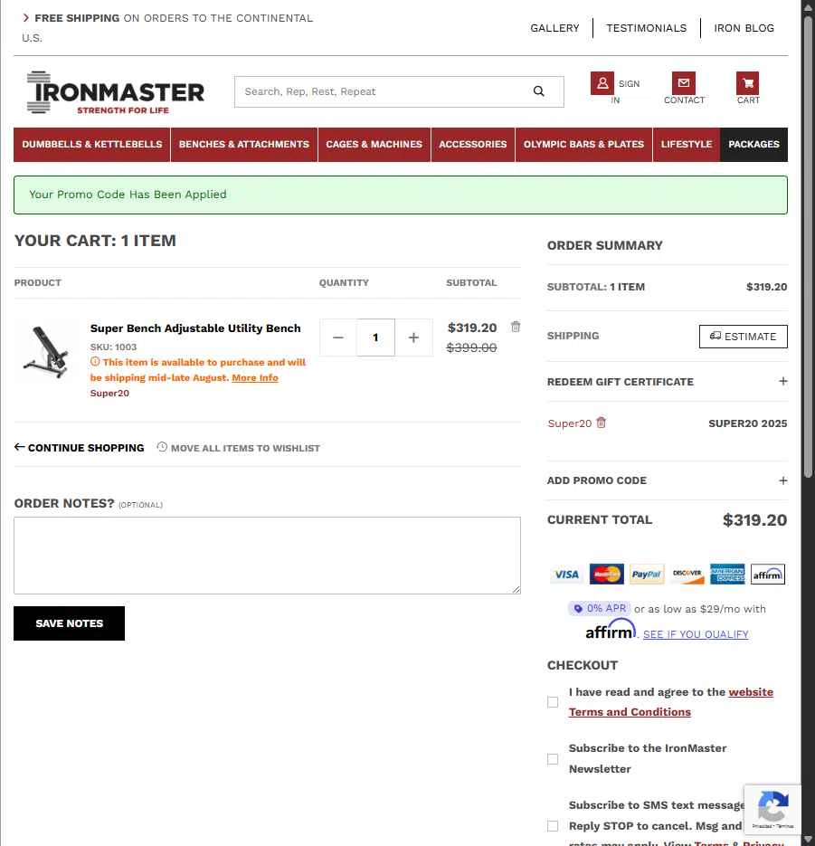 Ironmaster checkout page showing Ironmaster promo code box | Screenshot taken by SimplyCodes community member on Aug 11, 2025