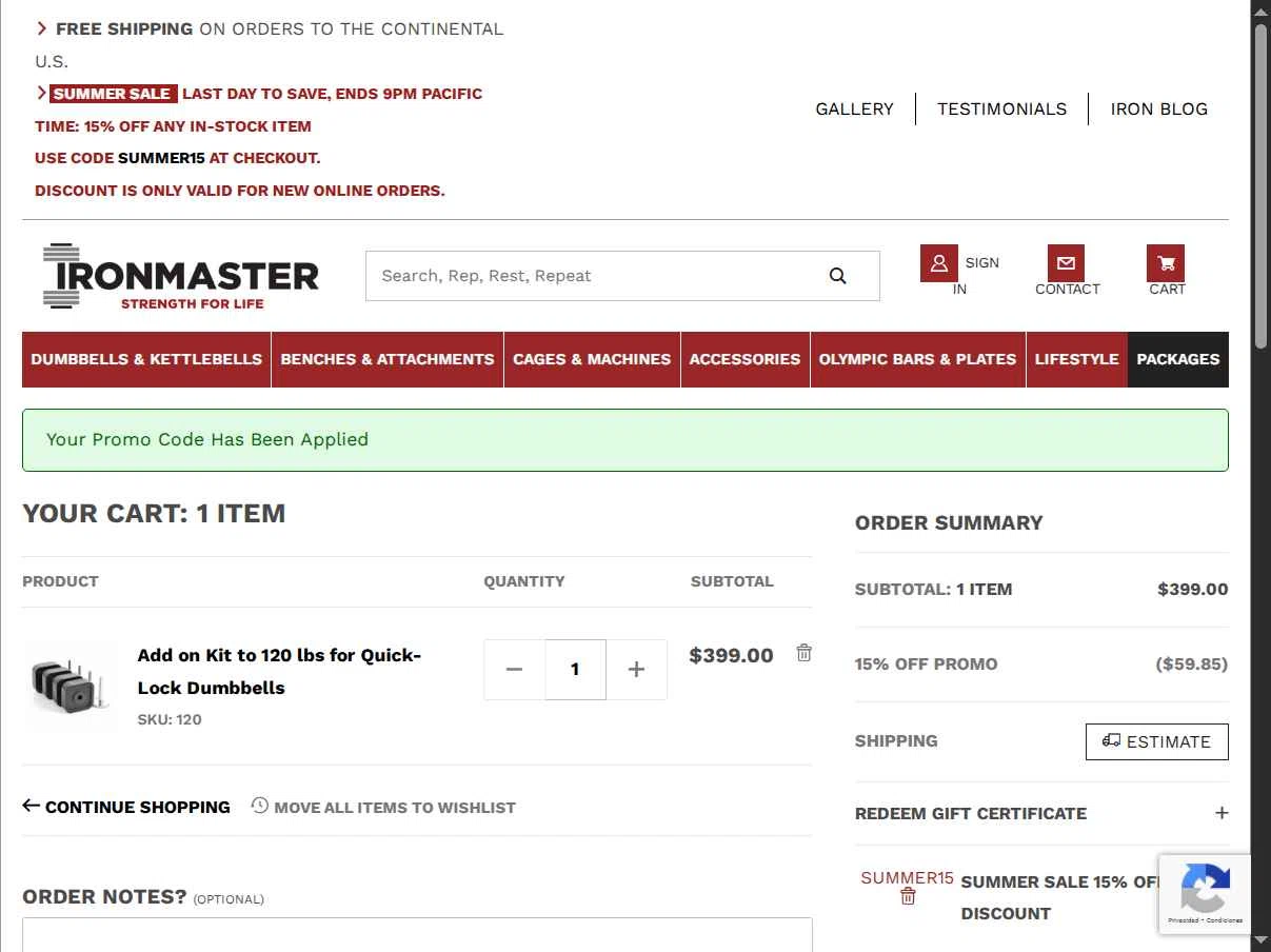 Ironmaster checkout page showing Ironmaster promo code box | Screenshot taken by SimplyCodes community member on Jul 11, 2025