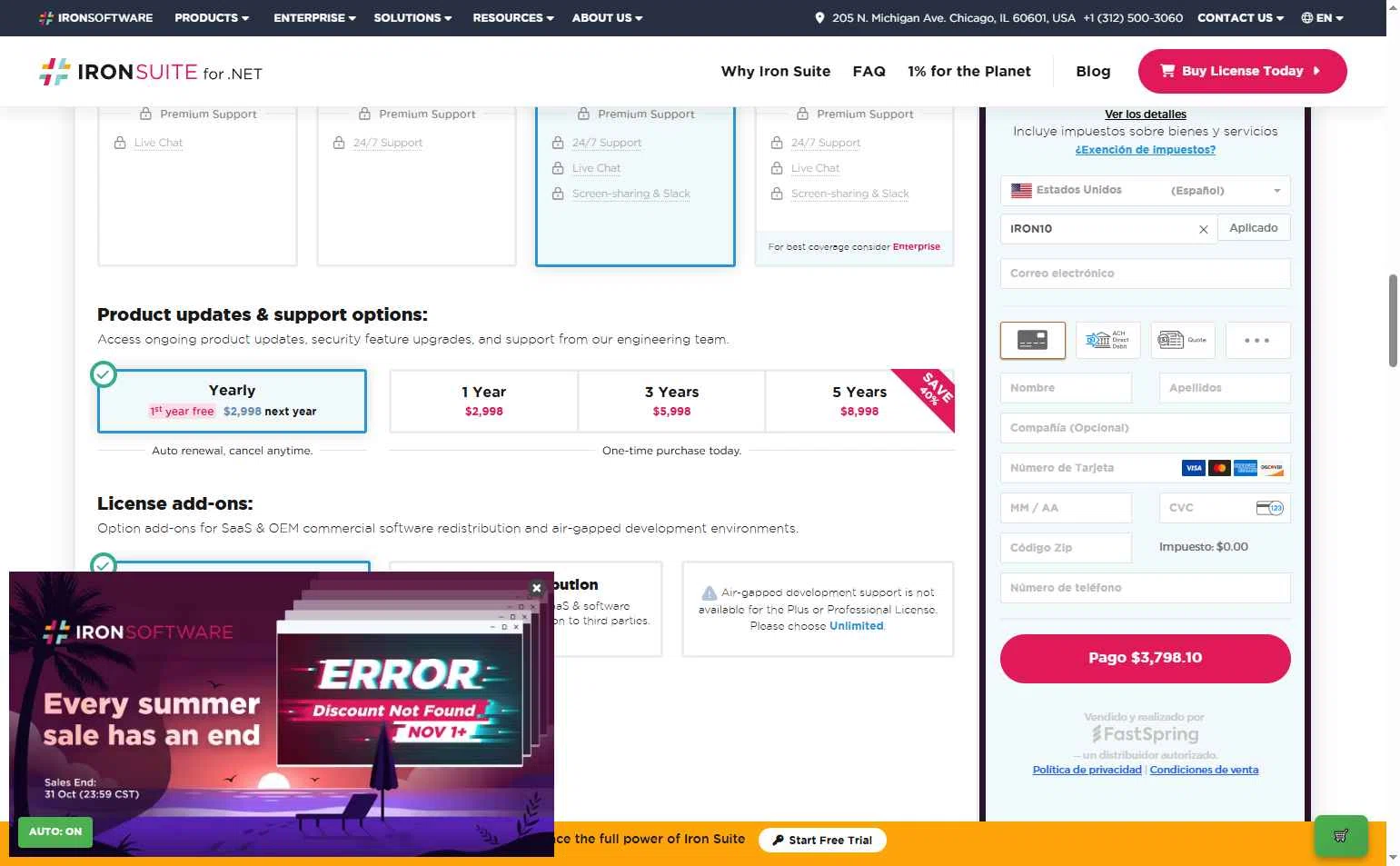 Iron Software checkout page showing Iron Software promo code box | Screenshot taken by SimplyCodes community member on Oct 23, 2025