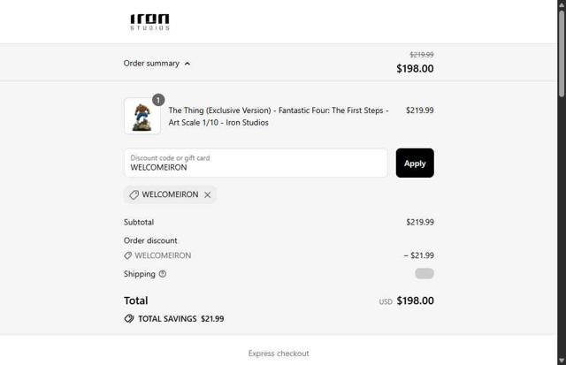 Iron Studios checkout page showing Iron Studios coupon code box | Screenshot taken by SimplyCodes community member on Sep 13, 2025