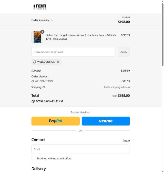 Iron Studios checkout page showing Iron Studios coupon code box | Screenshot taken by SimplyCodes community member on Aug 15, 2025