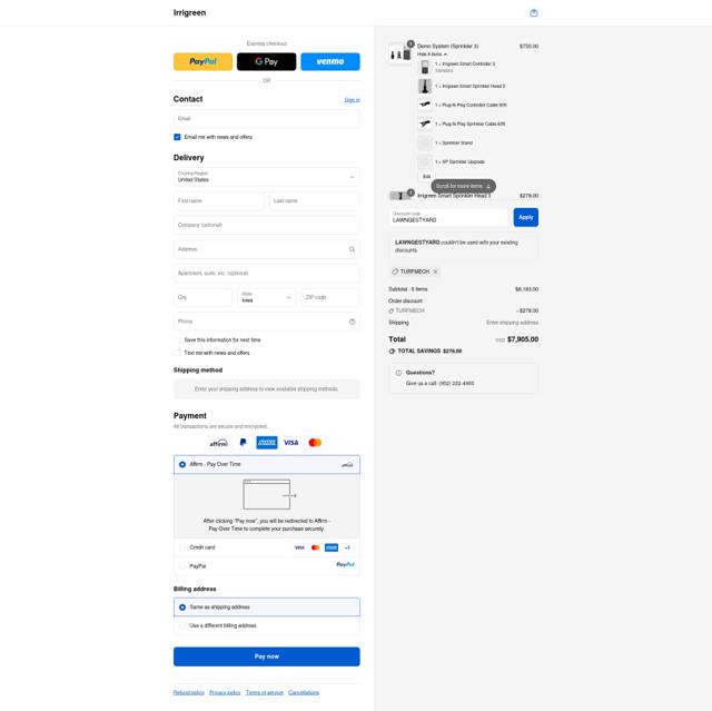 Irrigreen checkout page showing Irrigreen promo code box | Screenshot taken by SimplyCodes community member on Sep 9, 2025