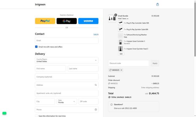 Irrigreen checkout page showing Irrigreen promo code box | Screenshot taken by SimplyCodes community member on Sep 6, 2025