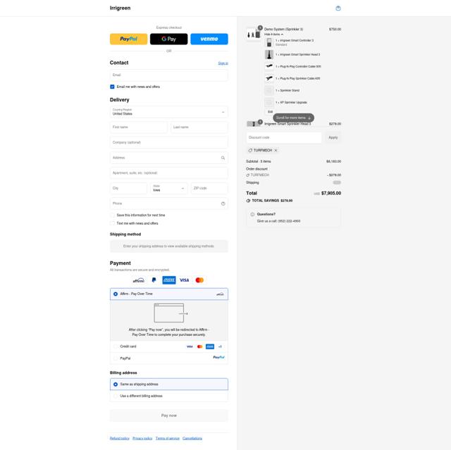 Irrigreen checkout page showing Irrigreen promo code box | Screenshot taken by SimplyCodes community member on Sep 9, 2025